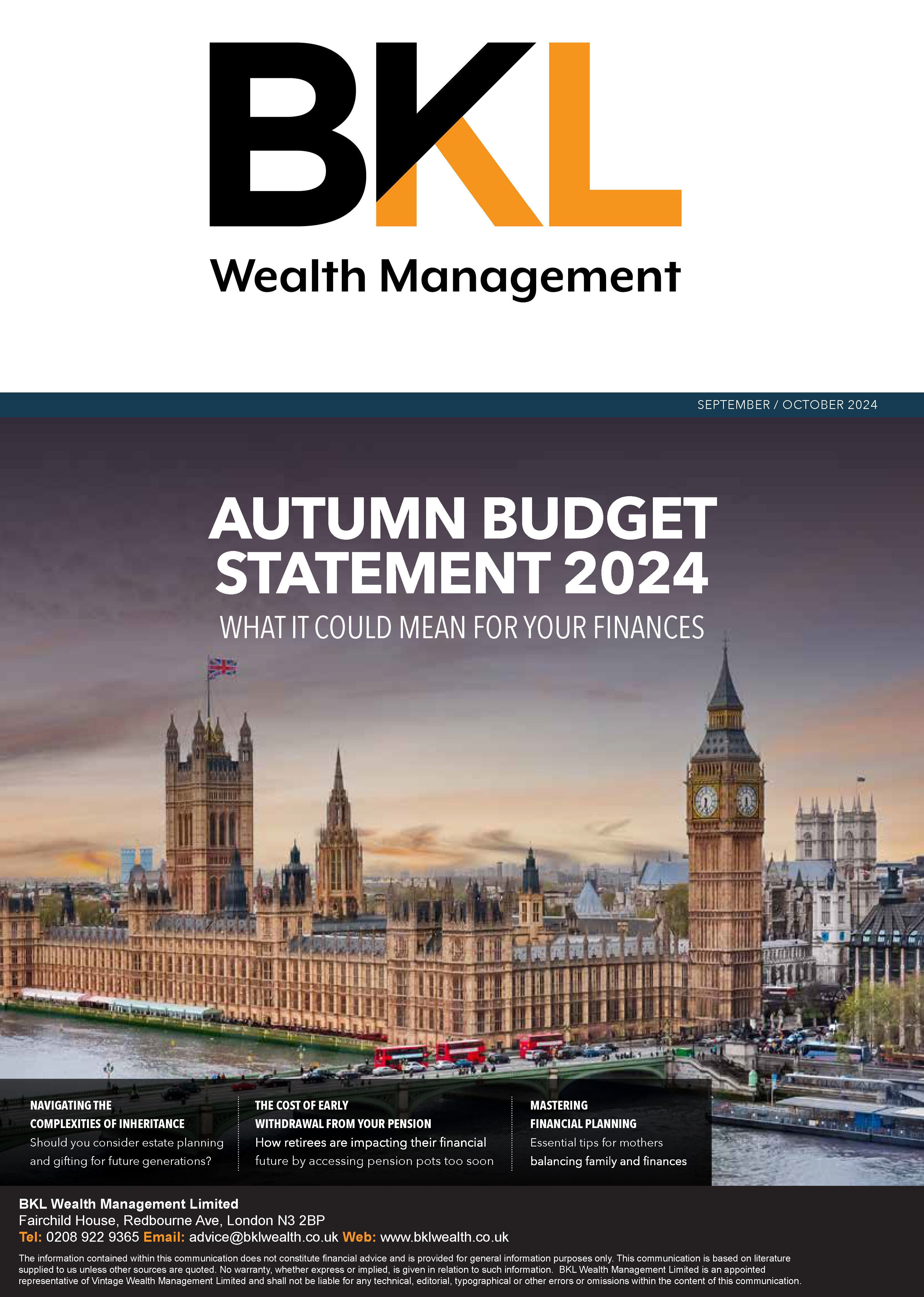 The cover page of the BKL Wealth Management newsletter for September/October 2024, showing the Houses of Parliament